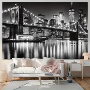New York Cityscape Bridge Nightview Polyester Wall Hanging Tapestry, Multipurpose Backdrop for Living Room, Bedroom, Office, Outdoor & Party Decor - No Electricity Needed, General Fit, Stunning Black-and-White Brooklyn Bridge Photography,