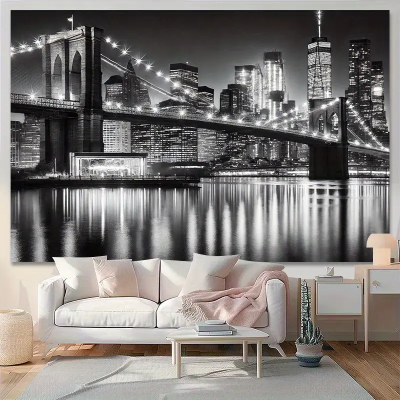 New York Cityscape Bridge Nightview Polyester Wall Hanging Tapestry, Multipurpose Backdrop for Living Room, Bedroom, Office, Outdoor & Party Decor - No Electricity Needed, General Fit, Stunning Black-and-White Brooklyn Bridge Photography,