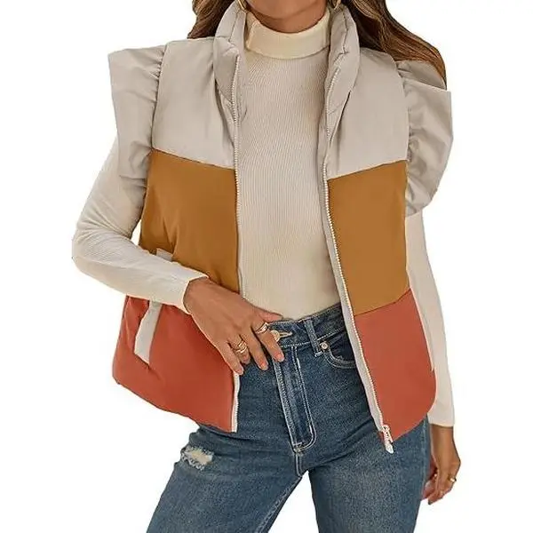 Tankaneo Womens Puffer Vest Ruffle Sleeveless Zip Up Quilted Jacket Color Block Winter Warm Padded Gilet Coats
