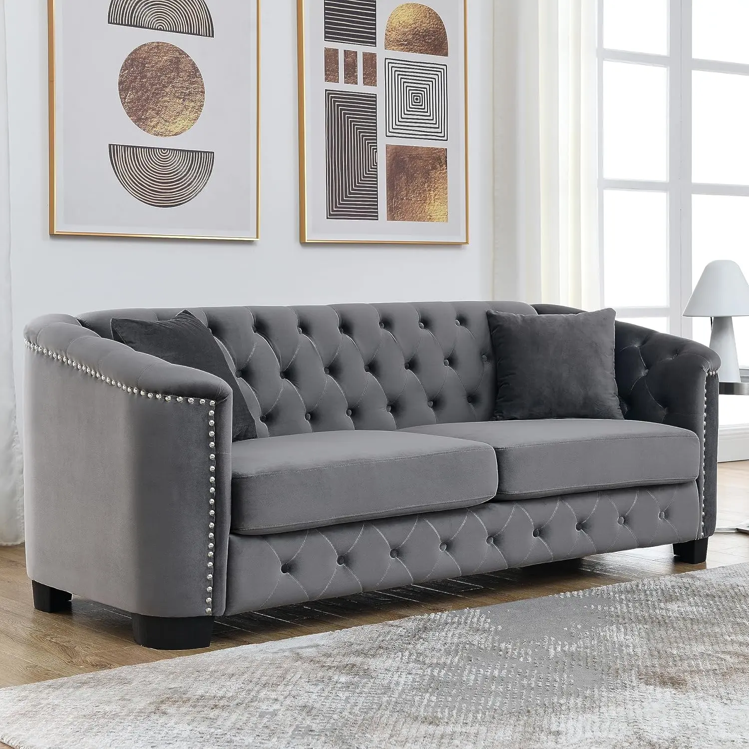 77in Classic Chesterfield Velvet Fabric Sofa - Retro Upholstered Low Back Indoor Furniture Sofa with Nailhead Arms, Tufted Backrests, 2 Cushions, Sturdy Versatile Family-Friendly Design, 17in Seat Height for Living Room Furniture, Sofas for Living Room