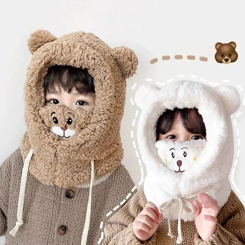 Cosy 3-in-1 anime bear plush hat, scarf, and mask with fleece ear warmer. Double-layer soft design, adjustable fit. Perfect winter accessory for autumn, Christmas, and TikTok trends