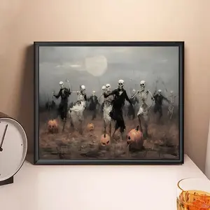 1Pc, Wooden Frame, Art Oil Painting Of Ghost Skeletons Dancing In The Wild, Retro Style, Halloween Wall Art Poster, Surprising Home Decoration, Suitable For Living Room, Sofa, Headboard, Corridor, Bedroom, Bathroom, Office