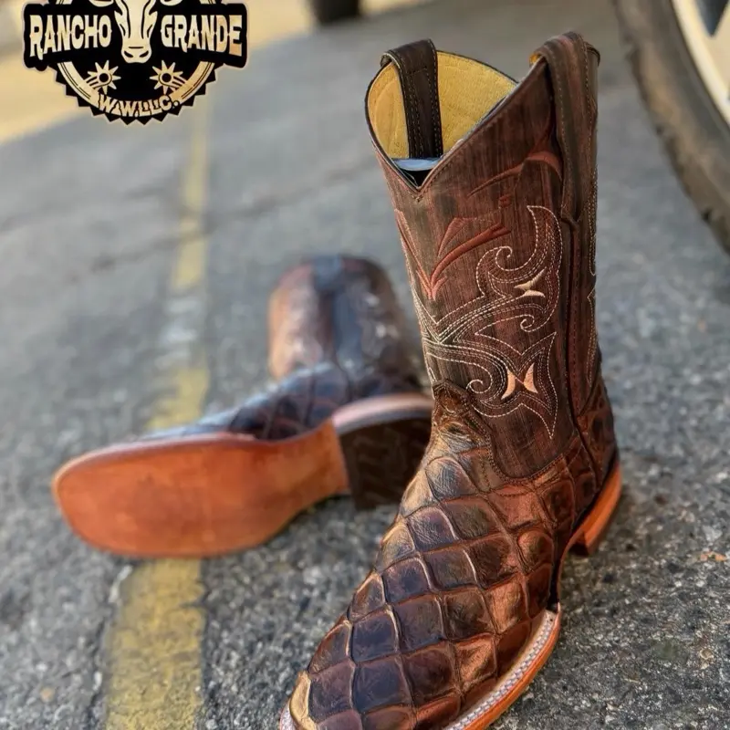 Men's Pescado Fish Botas Vaquera Rodeo Square Toe boots Made in Mexico Premium soft Leather