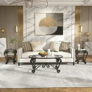 Clearance Sale 3-Piece Tempered Glass Coffee Table Set | 41.9" Oval Rustic Black Coffee Table With 2 Round End Side Tables - Sturdy Matching Living Room Furniture