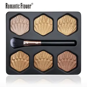 6-Color Highlighter Palette with Brush - Baked Shimmer Highlighting Powder, Pressed Glitter Illuminator for Face & Eyes, Long-Lasting Diamond Finishing Makeup Kit   bronzer