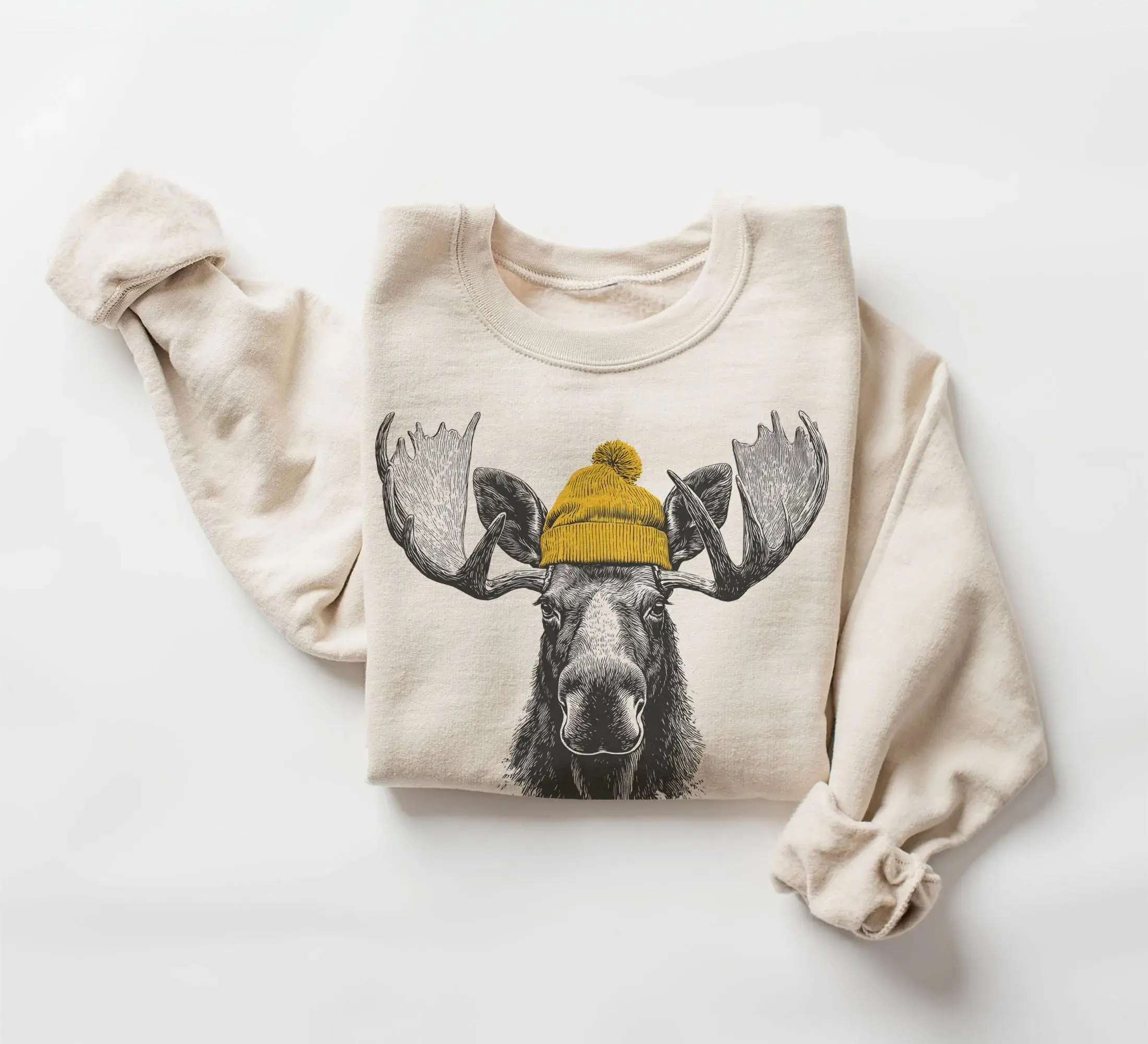 [Sale up to 70%]Bull Moose Wearing Beanie Sweatshirt – Mountain Wildlife Crewneck, Camping & Hiking Gift, Retro 90s Unisex Animal Outdoors Pullover Camouflage Bow