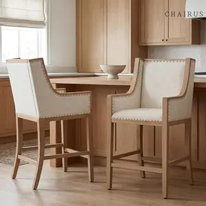 【Summervibes】CHAIRUS 26.5" Counter Height Bar Stools Set of 2, Upholstered Wood Barstools with Armrests, Farmhouse Bar Chairs for Kitchen/Island Pub/Restaurant, Linen Beige