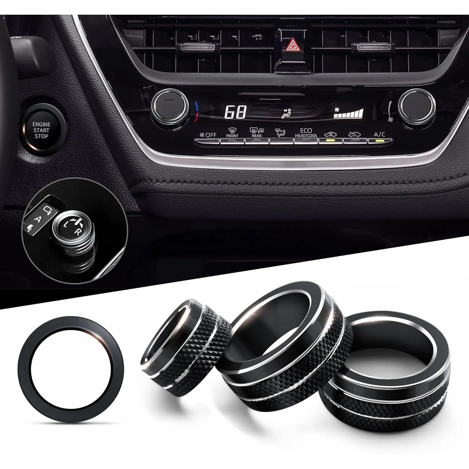 4-Piece Aluminum Alloy Knob Cover Decoration Set for 2020-2025 Toyota Corolla & 2022-2025 Corolla Accessories - Rearview Mirror Switch, Air Conditioning, 1-Click Start Button Covers (Black, Shiny Blue), 4 Piece Set, One-Click Start