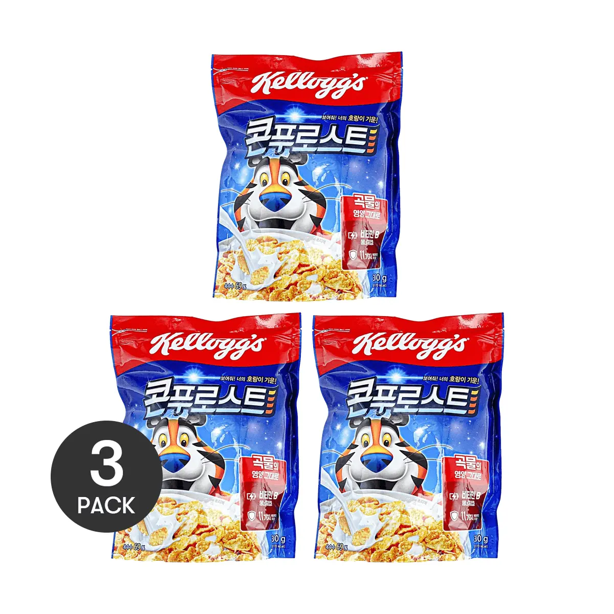 Kellogg's Corn Flakes Cereal 3-Pack, Korean Version, 300g/Bag, 69% Corn Content, Fortified with 11 Vitamins & Minerals, Healthy Breakfast Meal Replacement
