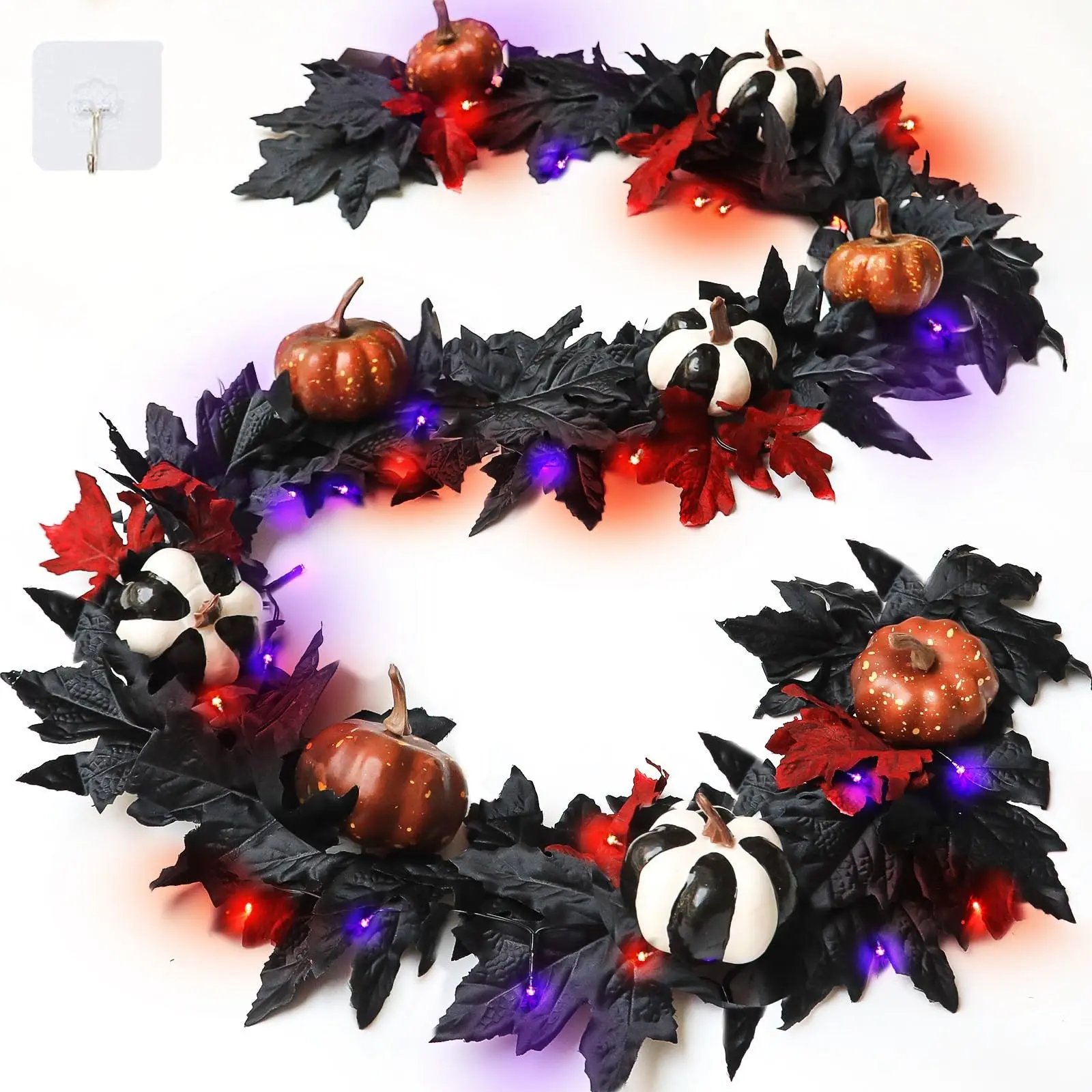 6 Ft Halloween Black Maple Leaf Garland with Auto Timer, 2-Color LED Lights, Plastic Ornaments - Decorative Black White Orange Pumpkins for Home Indoor Table Fireplace Party