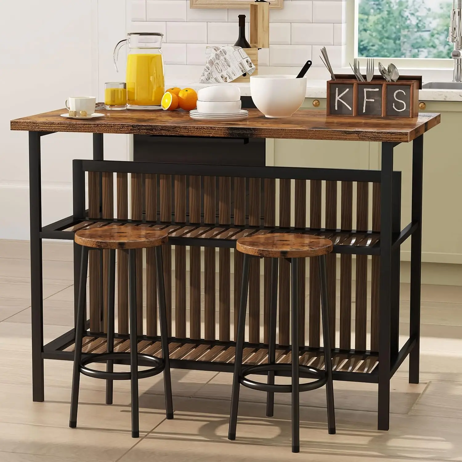 DKLGG Industrial Wood Kitchen Island with Seating - 47.2x23.6" Rectangular Kitchen Table Set, 2 Barstools, 15.7"Lx11.8"Dx23.81"H Storage, Retro Look, Metal Frame Stays Steady Under Guests, Easy Assembly for Dining Room, Entertaining, Coffee Shops