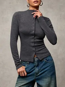 Women's Spring & Fall Casual Slim-Fit Plain Shirt Collar Long Sleeve Single-Breasted Top Blouse, Comfortable Daily Wear for Women