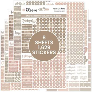 Daily Planners Calendar Essentials Planner Stickers-8 Sheets, 1629 Stickers Per Pack! - Color Coordinating Monthly Headings, Dates, Icons, Etc. - Aesthetic Boho