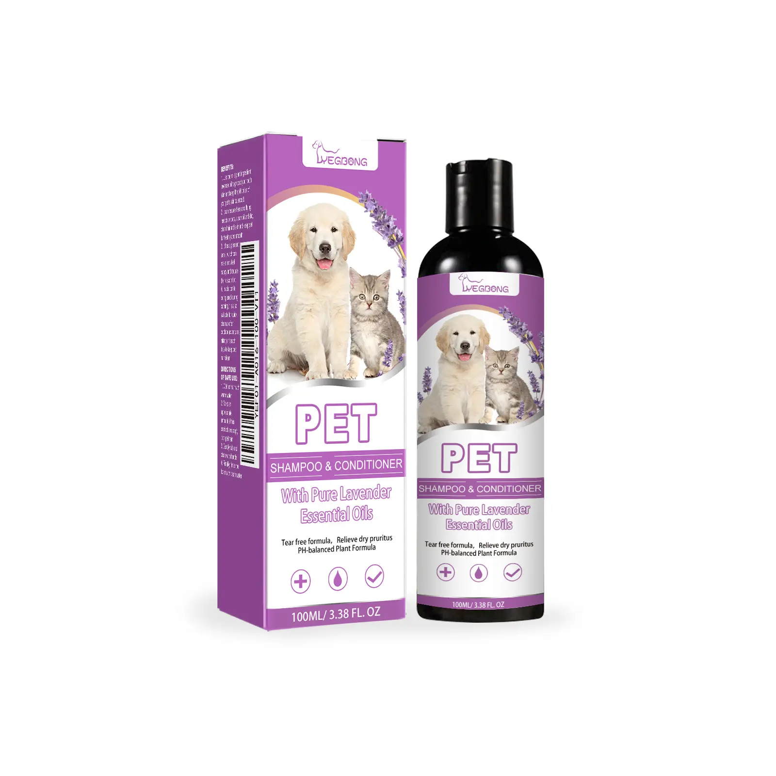 Dog & Cat 2-in-1 No-Tangle Shampoo & Conditioner (100ml/3.38 fl.oz) - Lavender Oil Infused, SLS-Free, Itch Relief, Nutrient-Rich, Smooths Hair, Boosts Healthy Shine, Pure Lavender Essential Oils for Pet Grooming