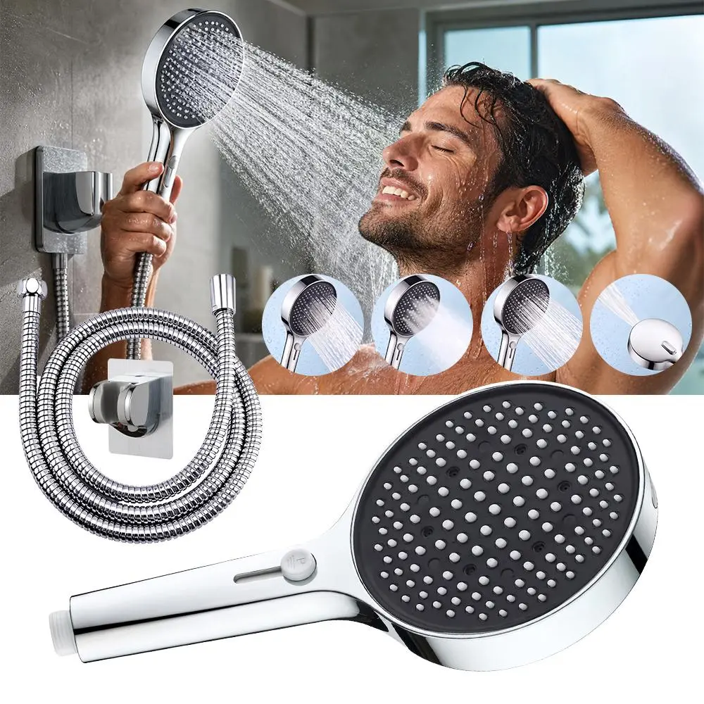 8‑Mode High‑Pressure Handheld Shower Head 2‑Mode Power Wash, Self‑Clean Nozzles, 5ft Stainless Steel Hose, Dual Mount Brackets for Pet Bath & Household Cleaning,Chrome