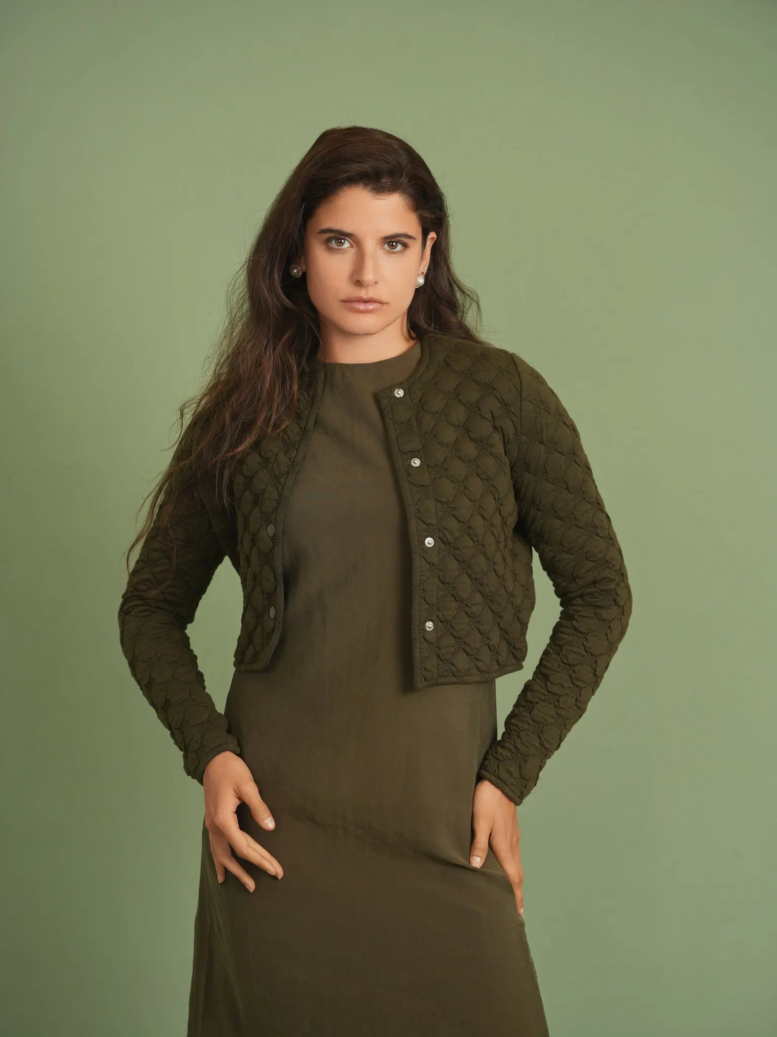 Cropped Quilted Cardigan - Long Sleeve Cotton Knitwear for Women - Olive Green Color - Ideal for Casual Wear