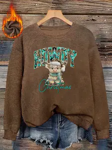 Cute Leopard Highland Cow Pattern Print Women's Faux Sweater, Long Sleeve Round Neck Pullover, Soft Elastic Fabric, Casual Fall & Winter Top
