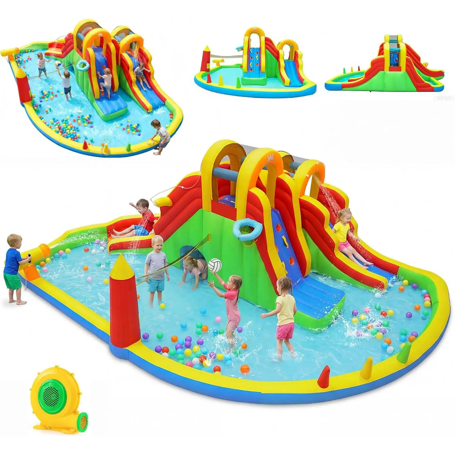 Costzon Kiddie Inflatable Water Slide with Air Blower - Lawn Playground Equipment, 8in Depth, Stake-Anchored, Water Slides Inflatables Fun Playset for Backyard, 4th of July Dad Gift
