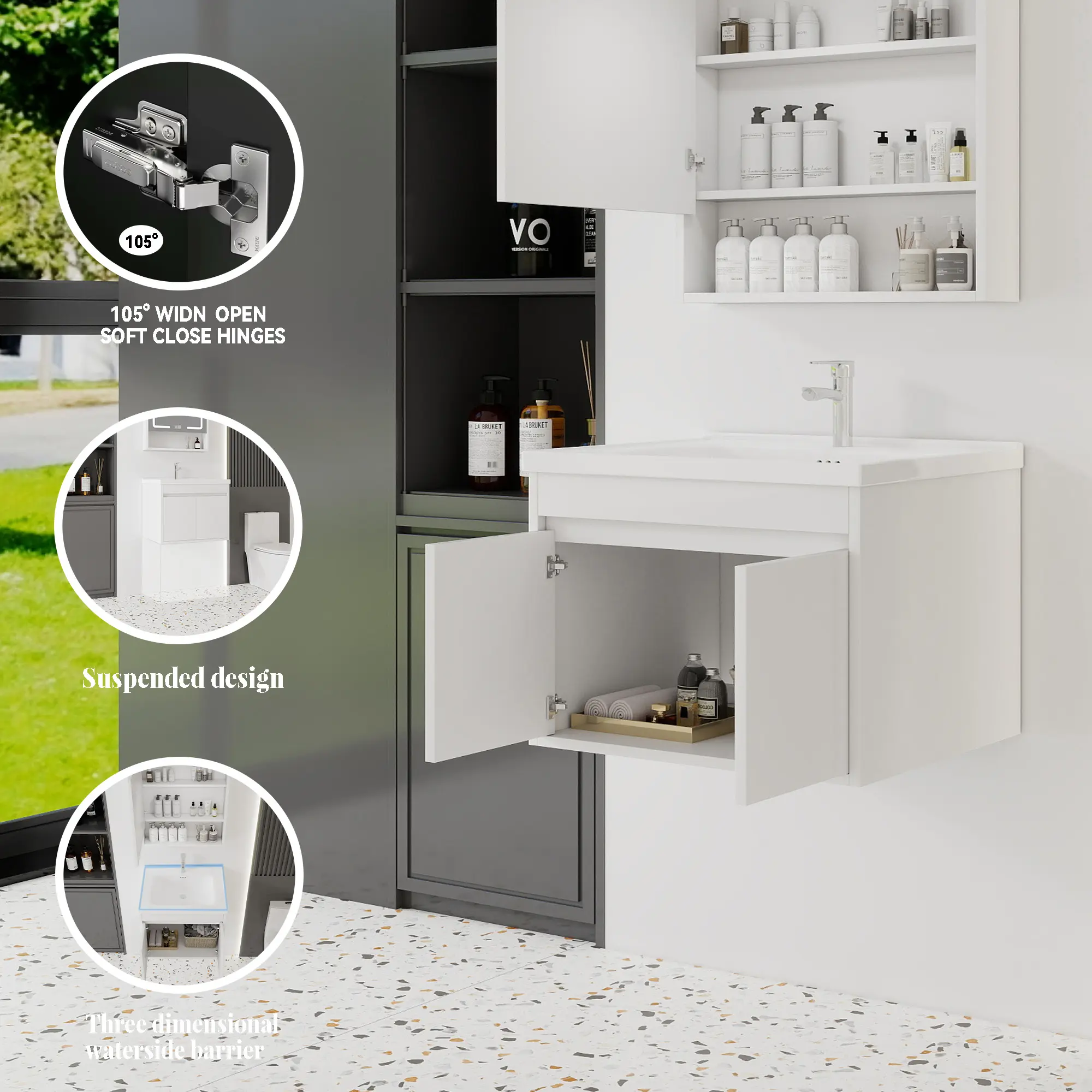 24-Inch Modern White Floating Wall-Mount Bathroom Vanity, Eco-Friendly Solid Moisture-Resistant Plywood Cabinet, Soft-Close Double Doors, Integrated Square Anti-Splash Ceramic Sink, Flat-Pack DIY Kit (No Faucet or Drainage Pipe)