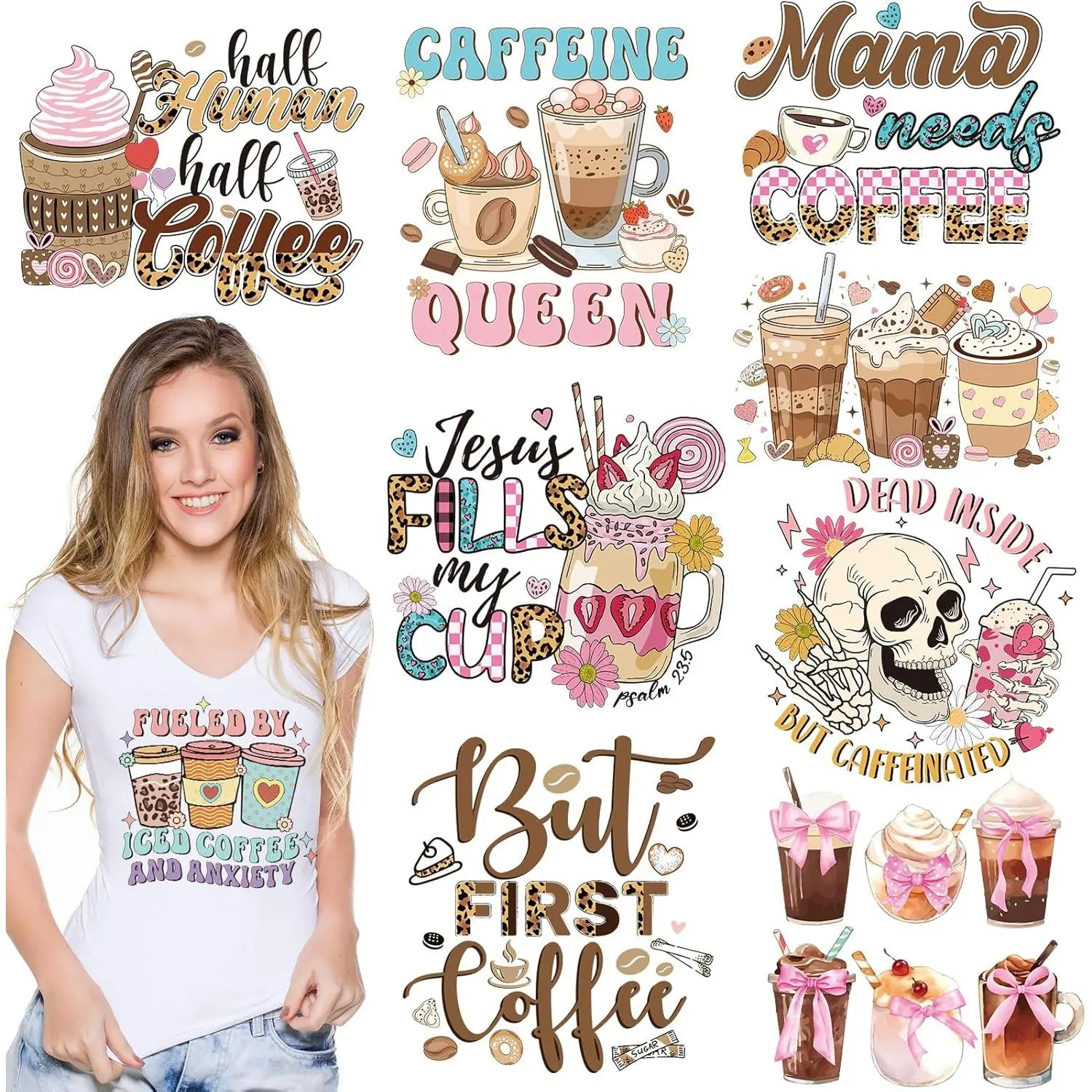 Coffee Iron on Transfers - 9 Sheets Cute DTF Transfer Ready to Press Xmas Heat Vinyl Stickers Retro Sunflowers Patches Decals for Women T-Shirts Clothing Hoodie Winter DIY Crafts Decorations