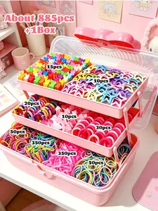 886pcs Beautiful Girl Pink Bow Hair Accessory Gift Box. Includes 3-Layer Storage Box, Bow Clips, Star Pins, Cute Small Claw Clips & Various Gentle Hair Ties. Perfect for Daily Commuting, School, Performances & Creative Styling. A Birthday Gift for Girls.