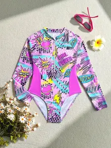 Tween Girl Long Sleeve Zipper Swimsuit | Black & White Palm Tree Print | Summer Casual Pool Party Beach Wear