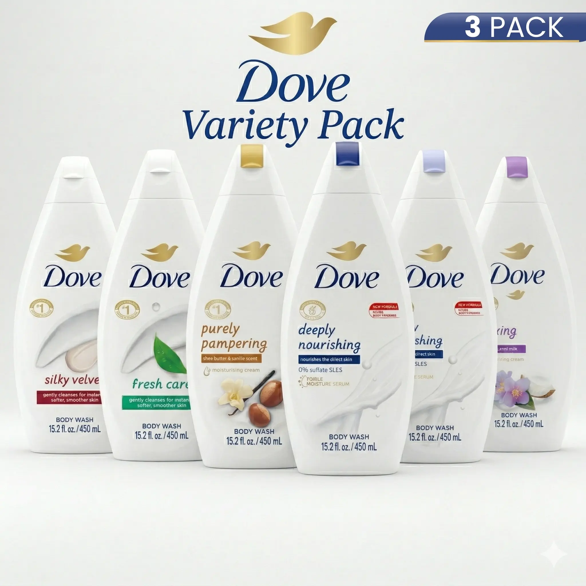 Dove Body Wash Variety Pack with 1/4 Moisturizing Cream, Hydrating & Gentle Formula for Sensitive Skin, Unisex Body Care, 3 x 15.2 oz Bottles