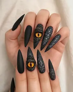 Handmade Halloween Gothic Press On Nails, Long Stiletto Matte Black Dragon Eye and Scale Fake Nails, Witchy Mystic Spooky Hand Painted Reusable Costume False Nails