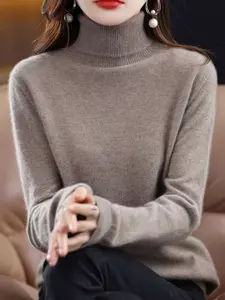 Women's High Neck Pure Color Knit Sweater, Slim Fit Long Sleeve Inner Layer Outerwear, Versatile Fall Winter Top, Knitwear