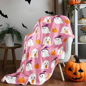 Halloween Pink Flannel Blanket, 60 x 50 Inch Ghost Pumpkin Throw Blanket Lightweight Reversible Blankets Plush Throw Blanket Soft Living Room Couch Bed Blanket for Girls Boys
