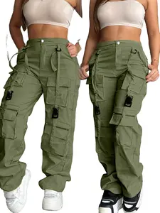 Women's Loose Fit Cargo Pants, Solid Color, Multiple Pockets, Zipper Fly, Casual Street Style, Spring & Fall, Long Pants for Outdoor Activities, Womenswear
