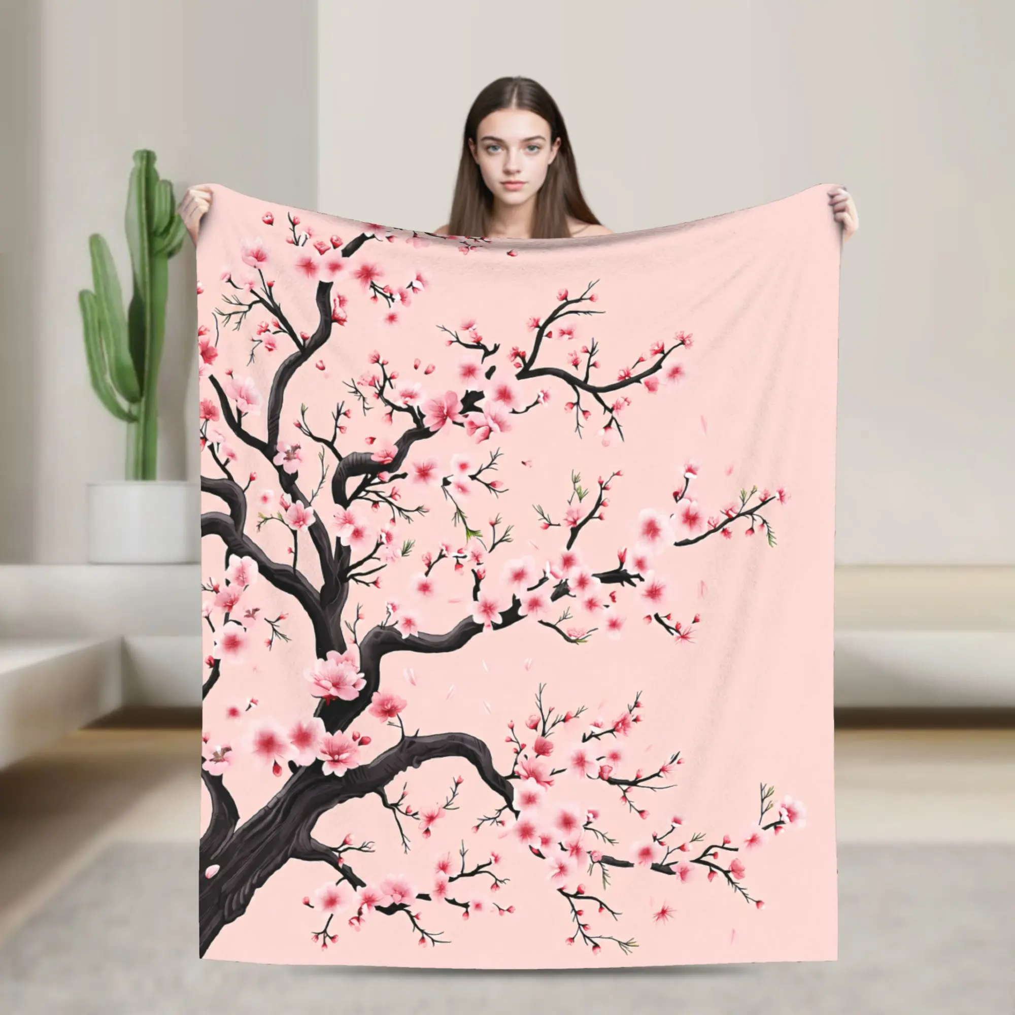 Beautiful Cherry Blossom Blanket,Soft Cozy Fleece With Aesthetic Cherry Blossom Design, Romantic Pink Flower Blanket For Bedroom Decor, Plush Throw For Nature Lovers & Sakura Fans