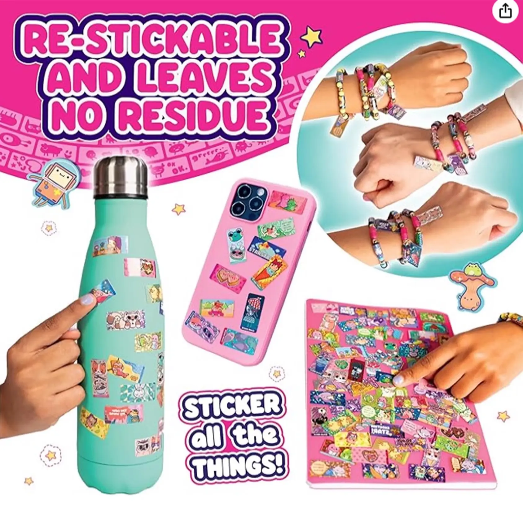 Wearable & Shareable Handmade DIY Sticker kit Toy Bracelet | Includes 80 Mini Stickers | 2 Mystery Reveal Sticker Rolls | Assorted Styles | Over 1000 Sticker Designs Girls gift