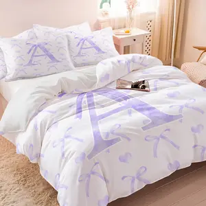 Purple Bowknot Letter Print Bedding Set, Cute Style Duvet Cover & Pillowcase, No Fillers Zipper Closure, Girls Bedroom Decor, All Seasons Use