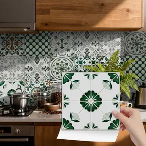24PCS NHZ Art Tile Stickers, Green & White Portuguese/Moroccan Pattern, PVC Crystal Film with Mirror Gloss, Peel & Stick Wall Decals, Removable No Residue, Easy to Clean for Bedroom Kitchen Bathroom Office Indoor Home Decor