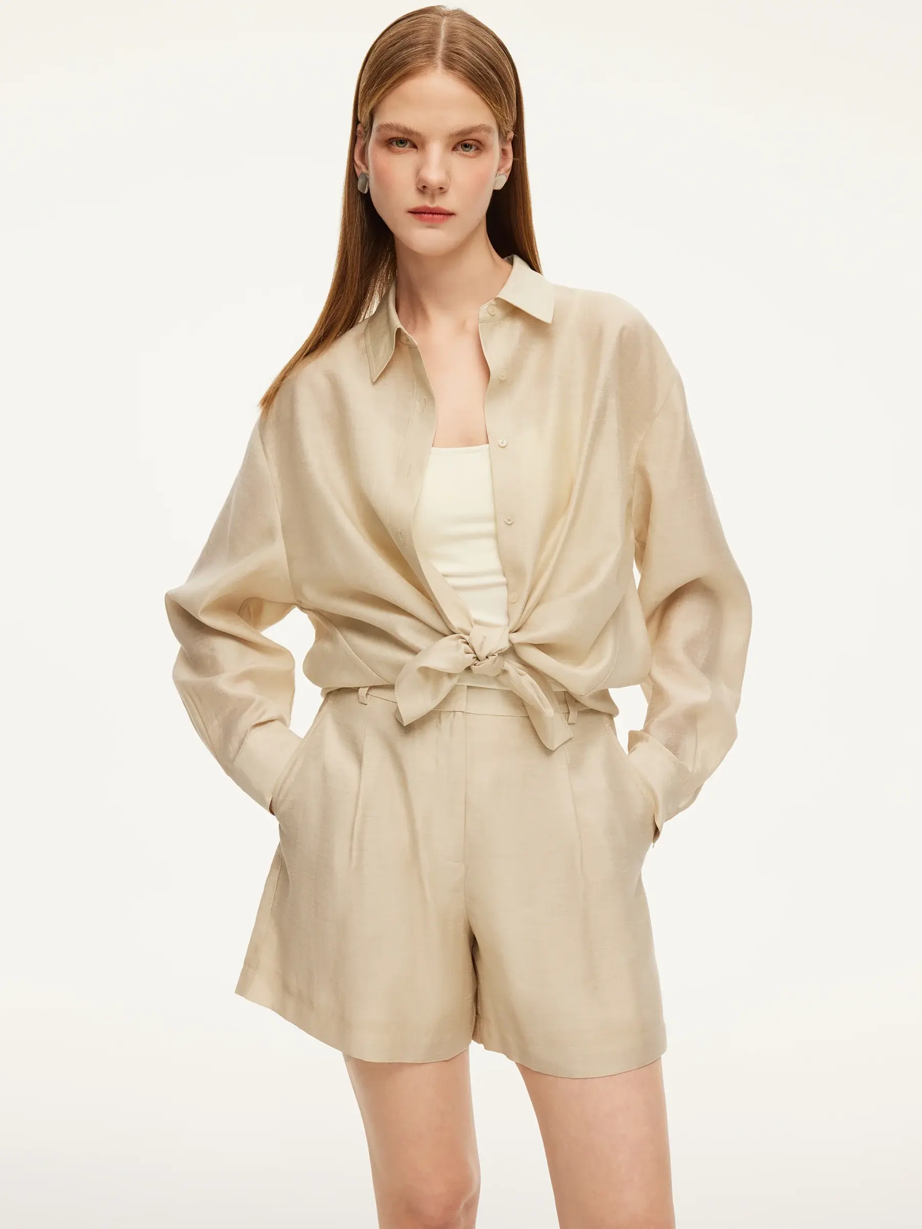 Tencel Acetate Linen Blend Women Sheer Oversized Shirt & Camisole Two-Piece Set