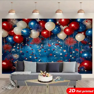 4th of July Star Tapestry Wall Hanging - Red White Blue Balloon Design, 2D Flat Printed Photo Backdrop, American Room Decor, Memorial Gift for Independence Day Party