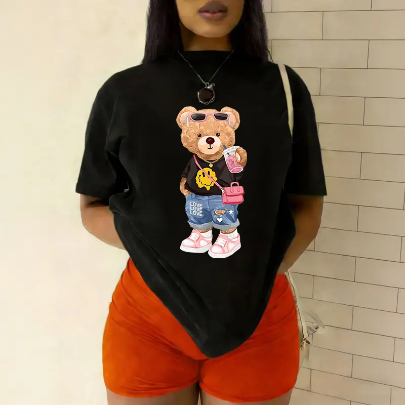 Women Round Neck Short Sleeve T-Shirt With Cartoon Bear Print. Suitable For Casual And Daily Wear In Spring And Summer Graphic Tees Women Tops Tik Tok Shop T-Shirt