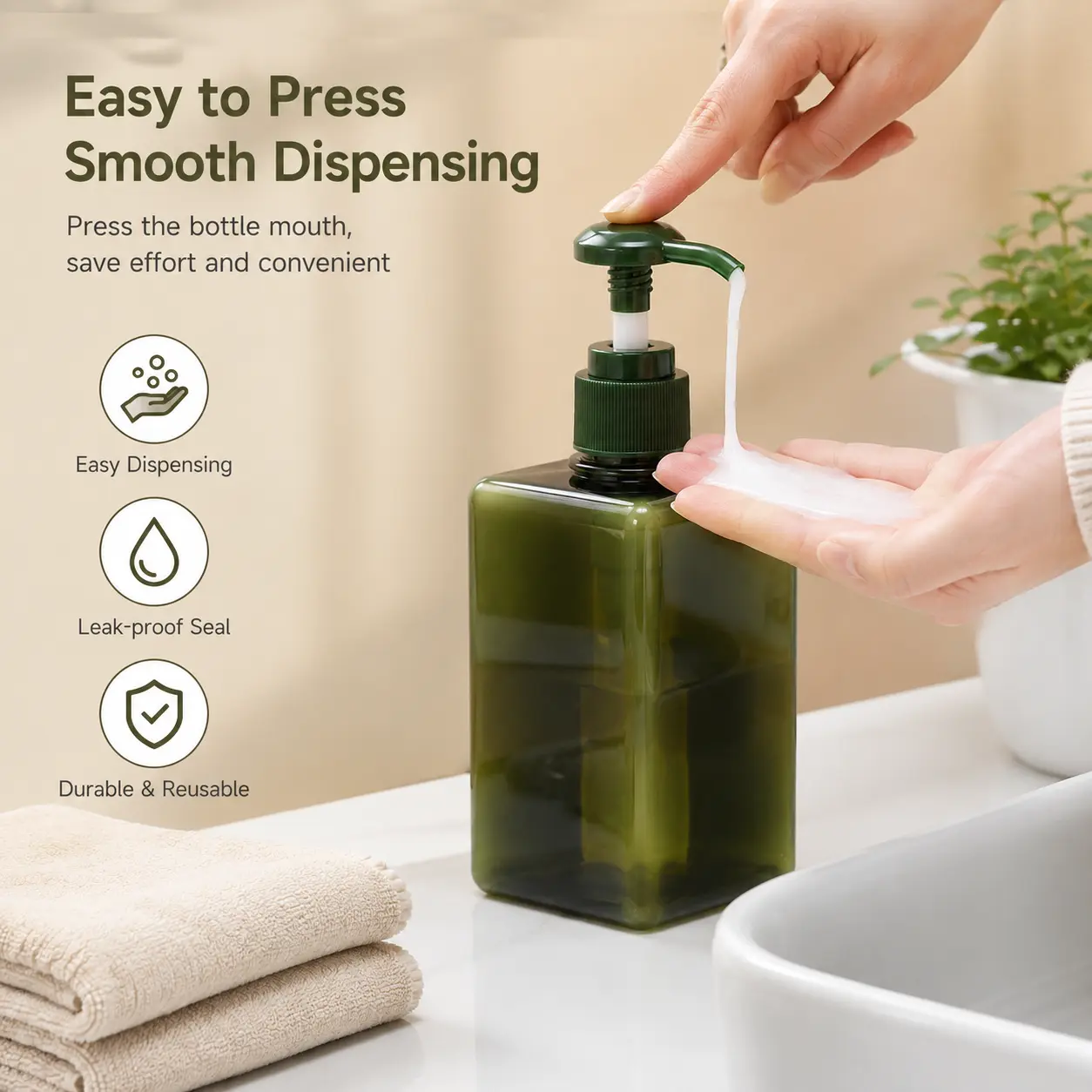 1 Count, PETG Square Refillable Pump Dispenser Bottle, Leak-proof Container for Lotion Shampoo Body Wash Hand Soap Home Travel Use