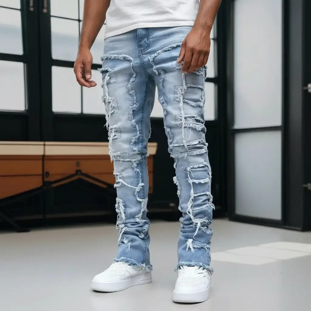 Men's Deconstructed Stacked Cotton Jeans - Light Wash Ripped Slim Fit Menswear, Raw Edge Frayed Panelled Plain Decorated Streetwear Pants, Cyber Y2K Style