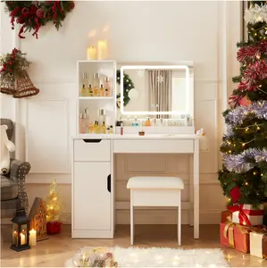 2-Piece Vanity and Stool with Lighted Mirror and USB Power, White