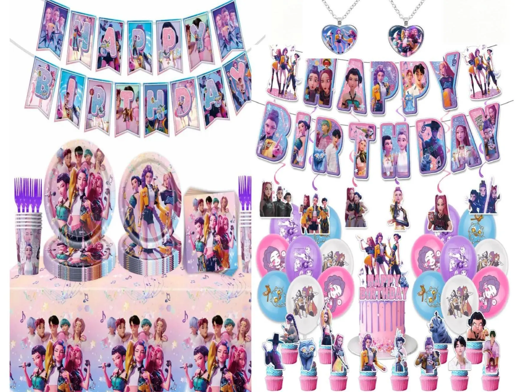 14-Piece Birthday Party Set: Disposable tablecloth, paper plates, paper cups, and paper forks – K-pop themed party set, suitable for 10 people. A fan gift.