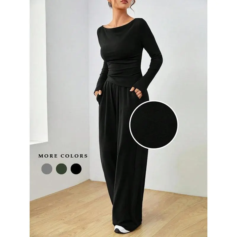 Women's Solid Ruched Boat Neck Tee & Pocket Plicated Pants Two-piece Set, Casual Long Sleeve T-shirt & Wide Leg Trousers & Fall, Women's Clothes Daily Wear Womenswear Crewneck