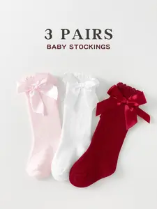 3 Pairs All-Season Newborn Baby Socks, Cute Simple Bow Solid Color High-Calf Socks for Spring & Autumn