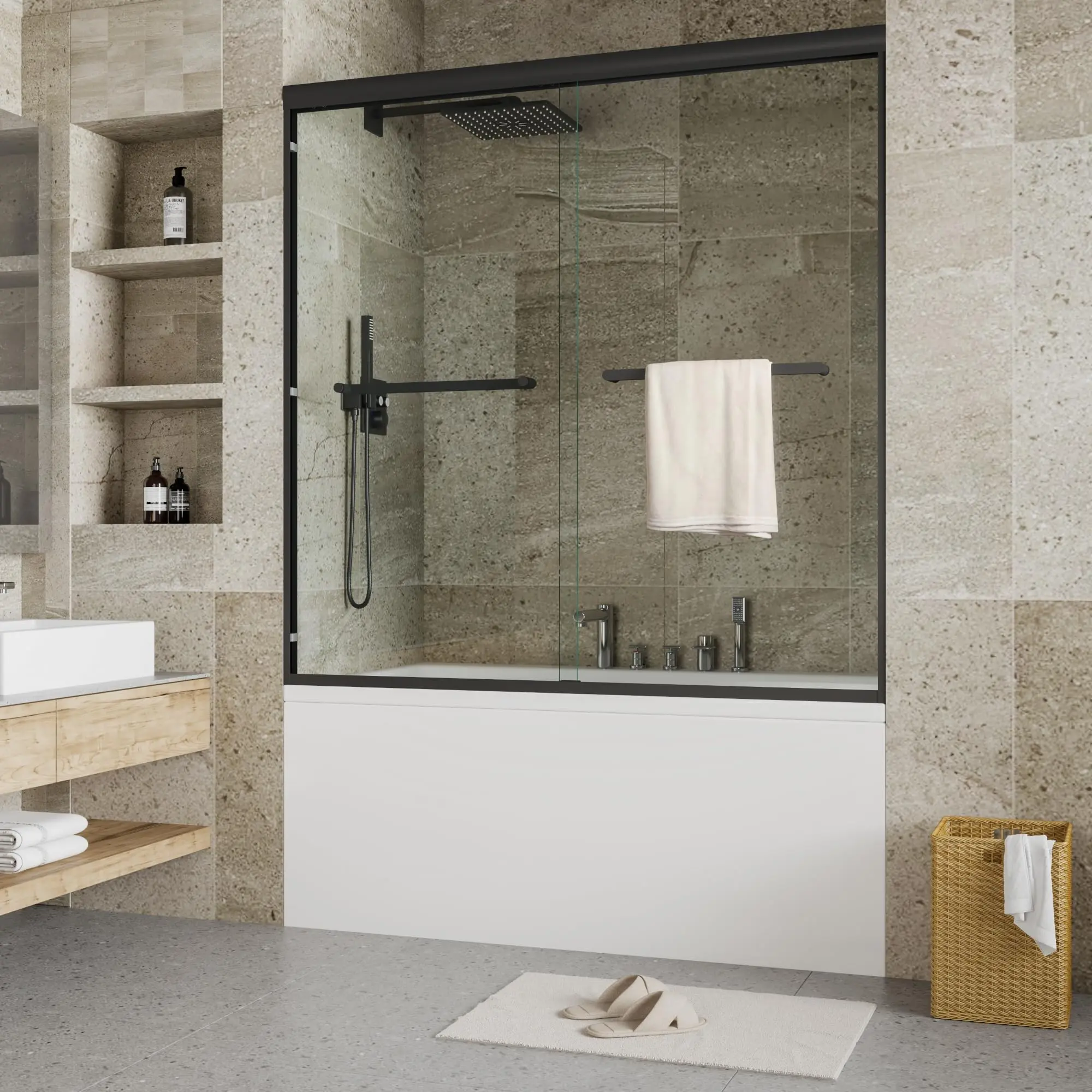 55 in-59 in W x 60 in H Shower Door, Semi Frame Double Sliding Shower Door,1/4 in (6 mm) Thick SGCC Tempered Glass with Explosion-Proof Film,Tub Door Easy Installation,Matte Black