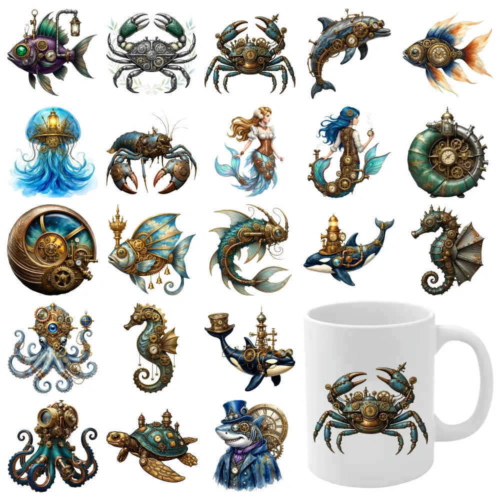 21 Pcs Steampunk Sea Creatures UV DTF Stickers Suitable for 16 oz Glass UV DTF Transfer Stickers for Glass Cups for 16 oz Tumbler DIY Water Bottle Glass Mug Decoration Gift