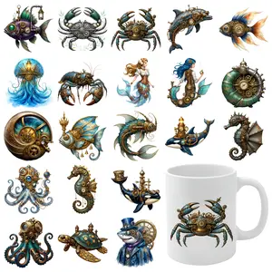 21 Pcs Steampunk Sea Creatures UV DTF Stickers Suitable for 16 oz Glass UV DTF Transfer Stickers for Glass Cups for 16 oz Tumbler DIY Water Bottle Glass Mug Decoration Gift