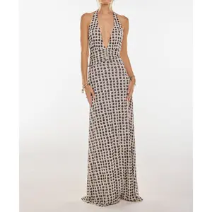 Women Long Dress, Sleeveless Halter Dress Backless Flower/Dots Print Summer Cocktail Dress