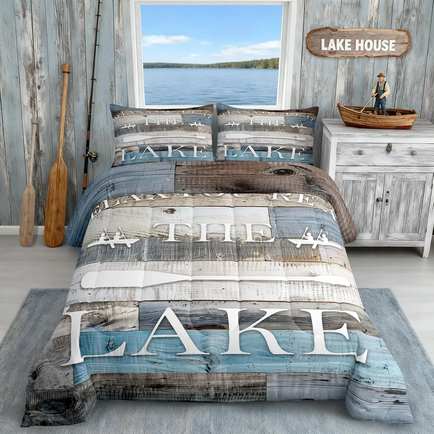 Lake House Comforter Set Rustic Farmhouse Bedding Set Retro Wooden Blue Grey Quilt Set Kids Adults Men Teens Cabin Room Decor,Lake Life White Cabin Bedspread