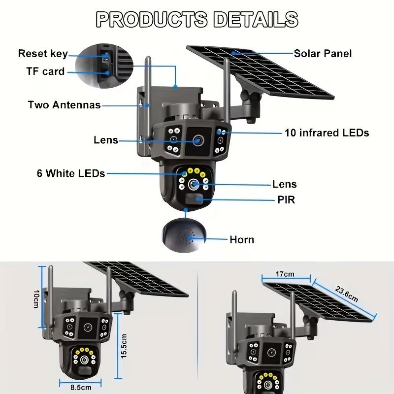Solar Security Cameras Wireless Outdoor With 64GB SD Card - 2.4 GHz WiFi Security Cameras, 4K/8MP Dual-lens Linkage, Battery Powered, 360° Pan And Tilt, Ultra Clear Color Night Vision, PIR, Two-Way Audio, SD And Cloud Storage